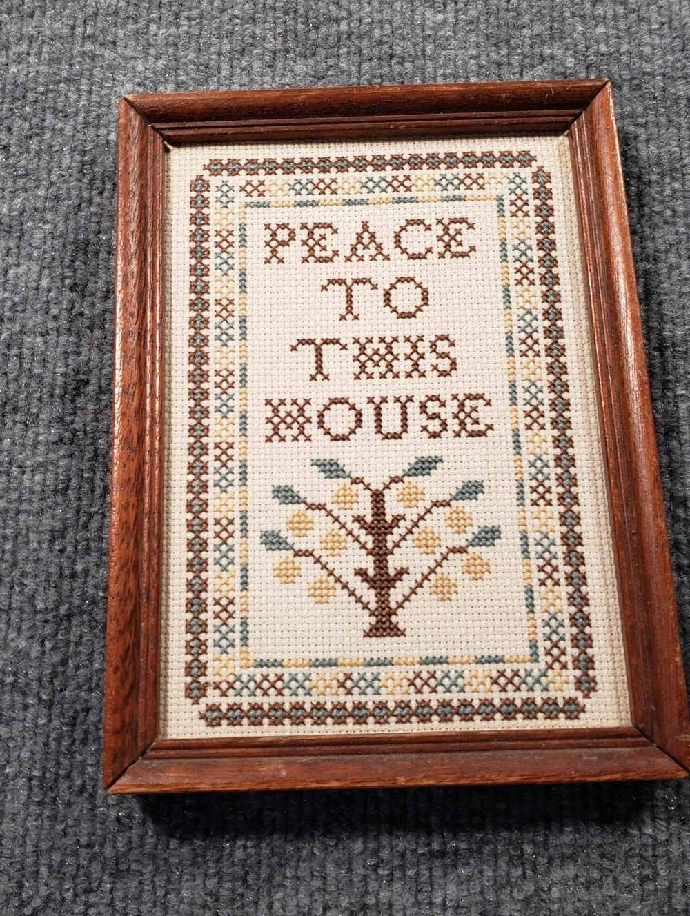 Vintage Cross Stitch Framed Padded Peace To This House Sampler Picture 8"x6"